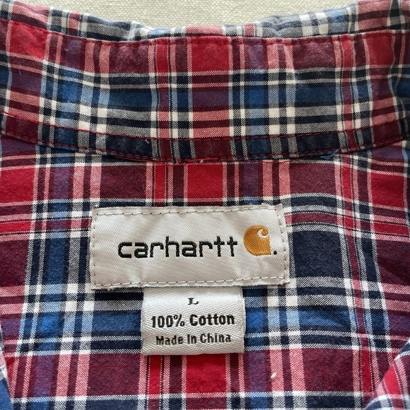 Carhartt Men Button Down Shirt Red/Blue Plaid Cotton Long Large Grunge Cabin Dad - Picture 4 of 7